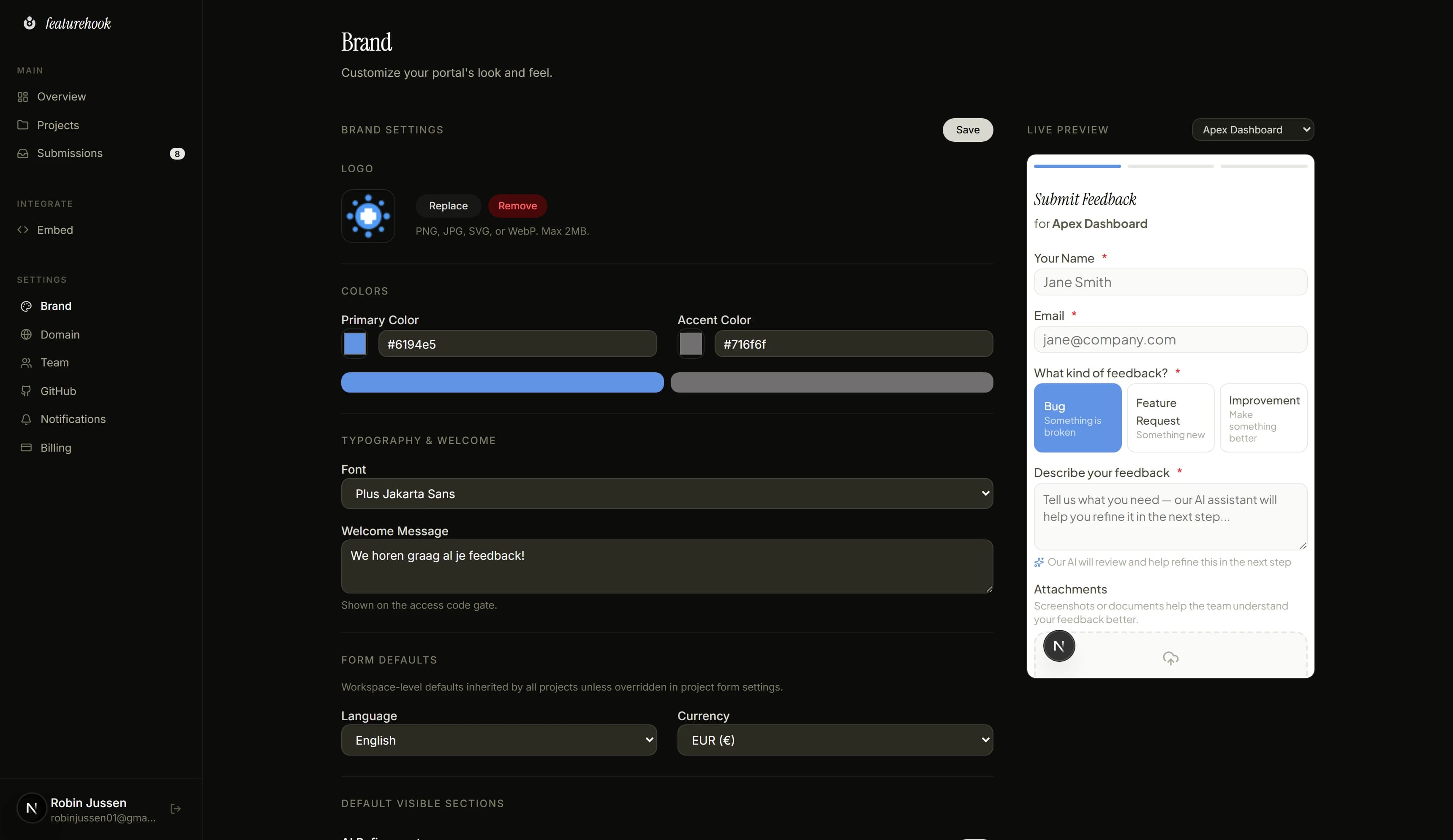 Branded client feedback portal with custom logo, colors, and domain